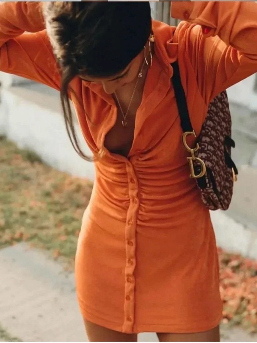 With Jean Andy Mini Dress- Maple Orange, Ruched Button Down XS <3